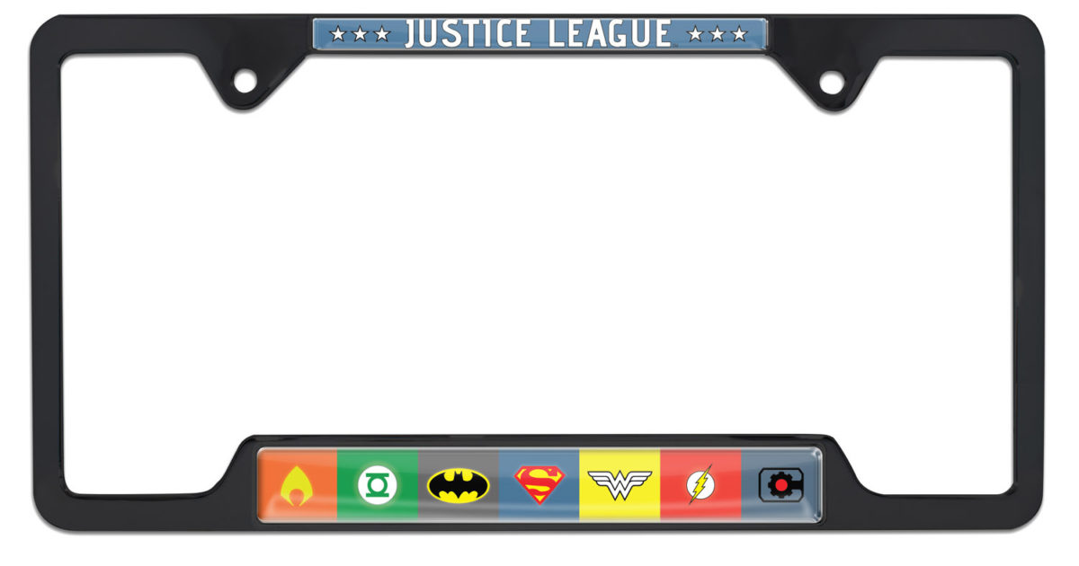 Justice League Color Open Black License Plate Frame | Elektroplate