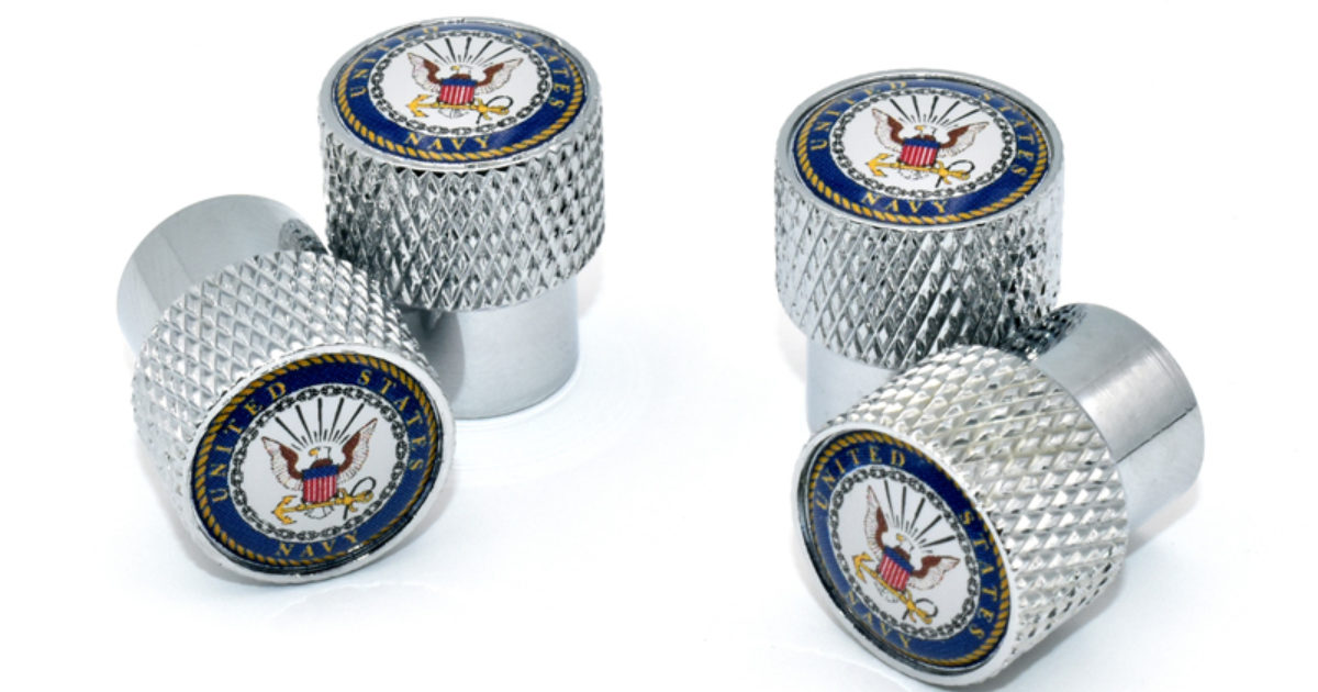 Navy Valve Stem Caps Chrome Knurling Elektroplate