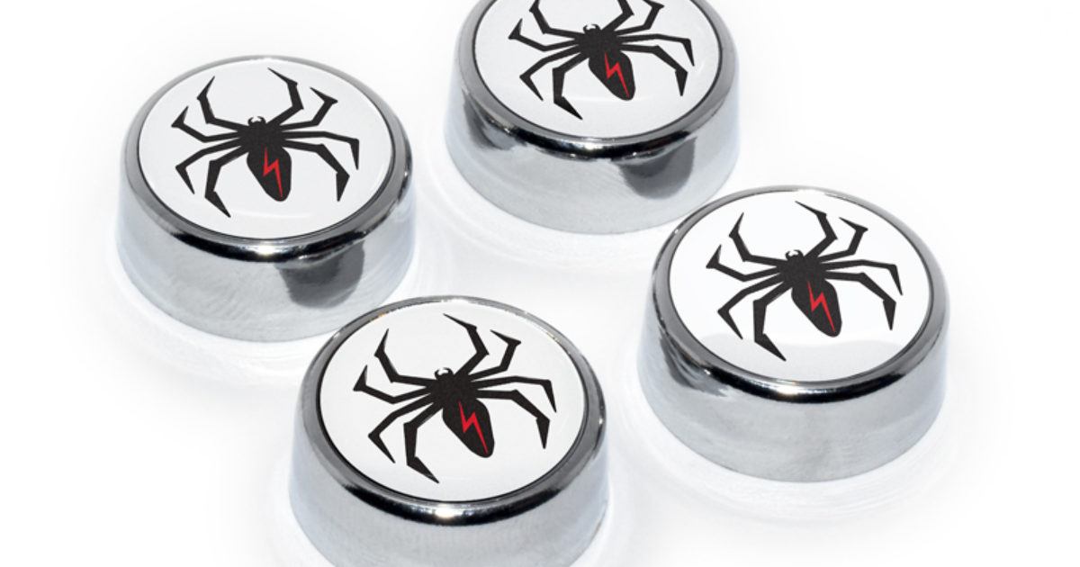 4 Black License Plate Screw Cap Covers - Widow Spider Design - Hogking Speed Shop
