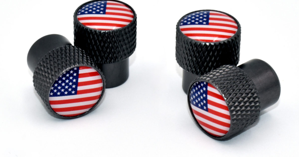 USA Valve Stem Caps Black Knurling Elektroplate