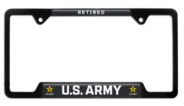 Army Retired Black Metal Open Corners License Plate Frame image