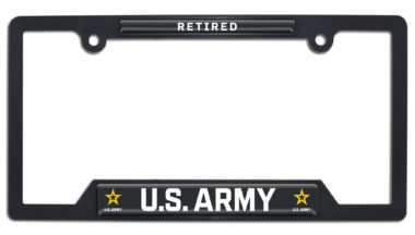 Army Retired Black Open Corners Plastic License Frame. image