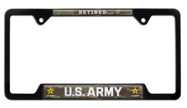 Army Retired Black Metal Open Corners License Plate Frame