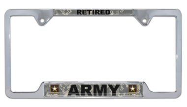 Full-Color Camo Army Retired Open License Plate Frame image
