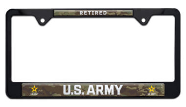 Army Retired Black Metal Standard Size License Plate Frame