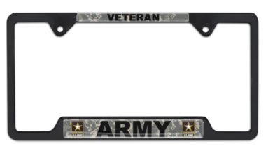 Full-Color Camo Army Veteran Black Open License Plate Frame image