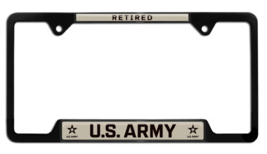 US Army Retired Black Metal Open Corners License Plate Frame