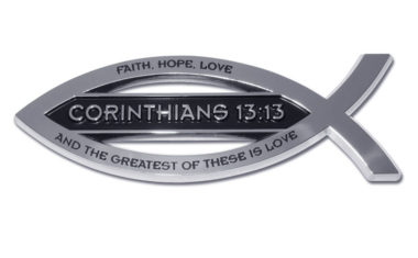 Christian Fish Corinthians 13:13 Verse Chrome Emblem