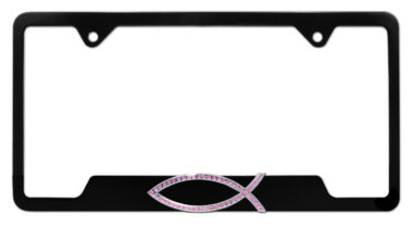 Christian Fish Pink Crystal Black Open License Plate Frame