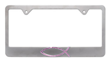 Christian Fish Pink Crystal Brushed License Plate Frame
