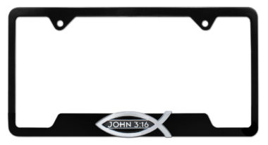 Christian Fish John 3:16 Black Open License Plate Frame image