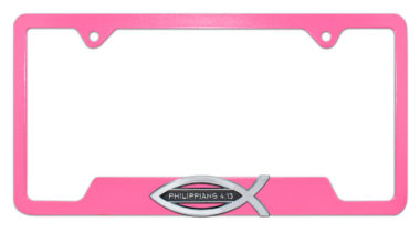 Christian Fish Philippians 4:13 Pink Open License Plate Frame