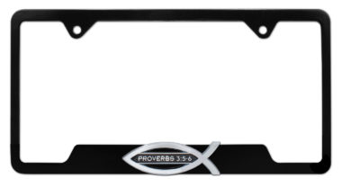 Christian Fish Proverbs 3:5-6 Black Open License Plate Frame image