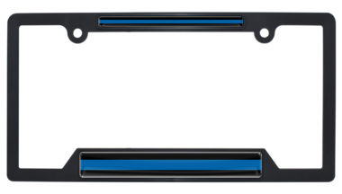 Police Blue Line Open Black Plastic License Plate Frame