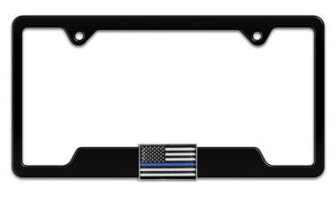 3D Modern Police Flag Black Metal Open License Plate Frame image
