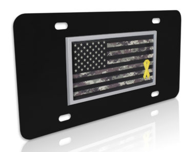 Charitable Support Our Troops Camo Flag Black License Plate