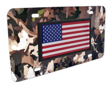 American Flag Woodland Camo License Plate image