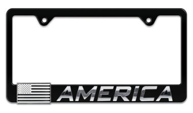 3D American Inverted Flag Black Metal License Plate Frame image