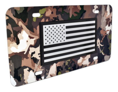 Inverted American Flag Woodland Camo License Plate image