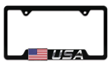 3D USA American Flag Black Metal Open License Plate Frame image