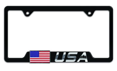 3D USA American Flag Black Metal Open License Plate Frame