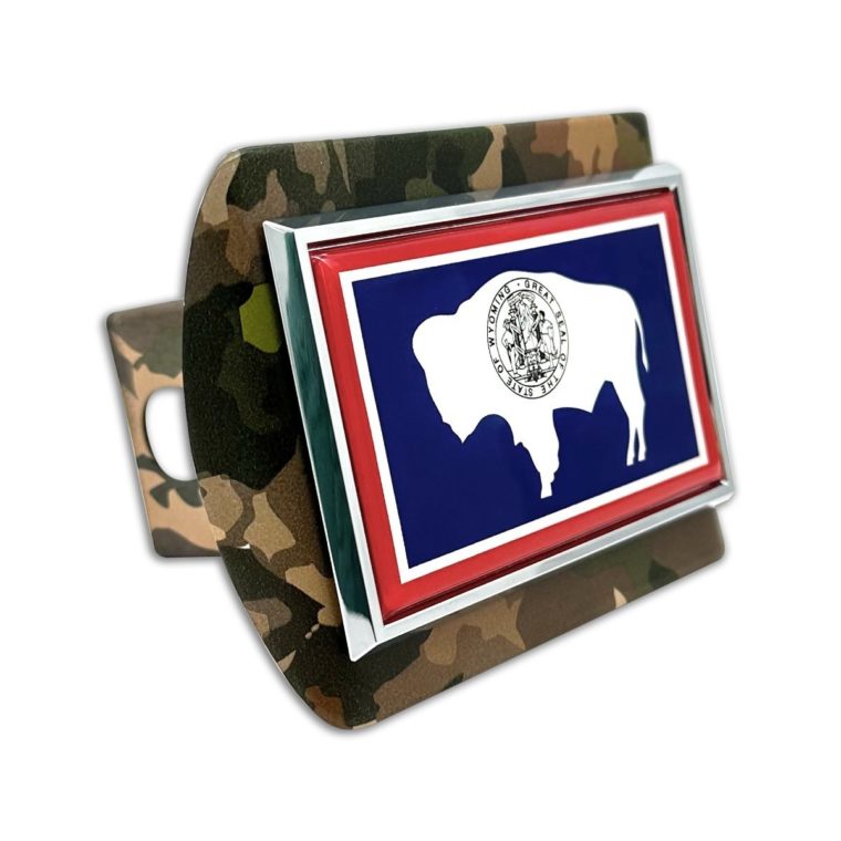 Wyoming Flag Woodland Camo Hitch Cover image